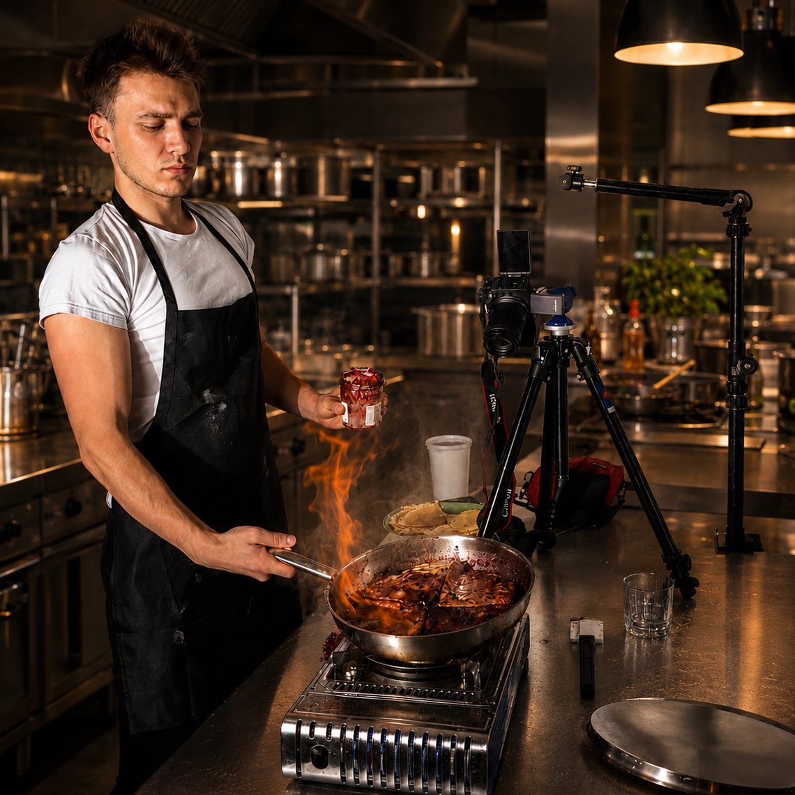 Giorgio beim Kochen und Filmen in einer Profikueche in Nuernberg